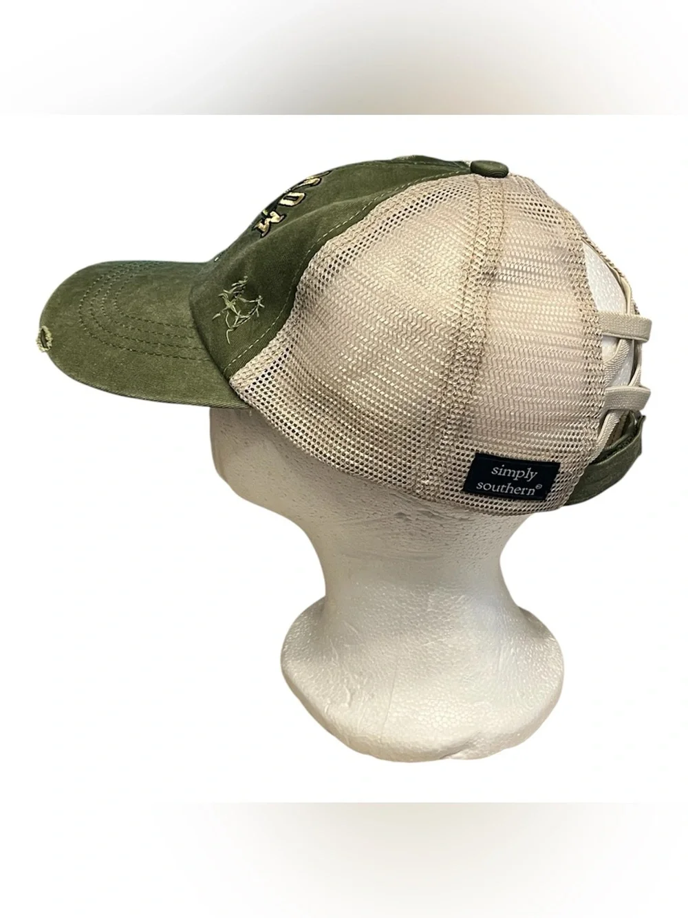 Simply Southern Olive 'Boy Mom' Distressed Trucker Hat